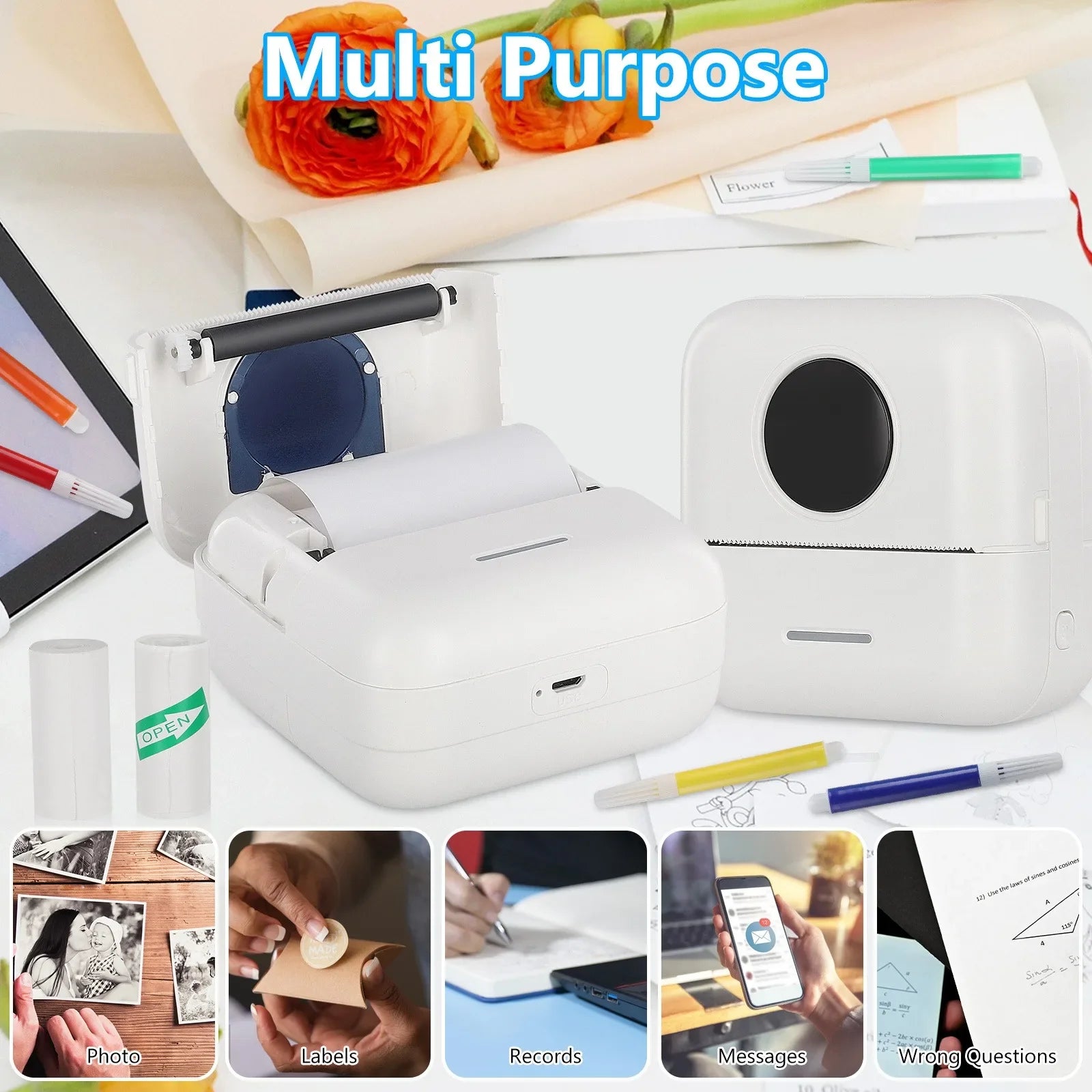 Mini Portable Printer, HD Inkless Label Printing, 203dpi High Resolution for Photos, Text, Labels, To-Do Lists, Sticky Notes