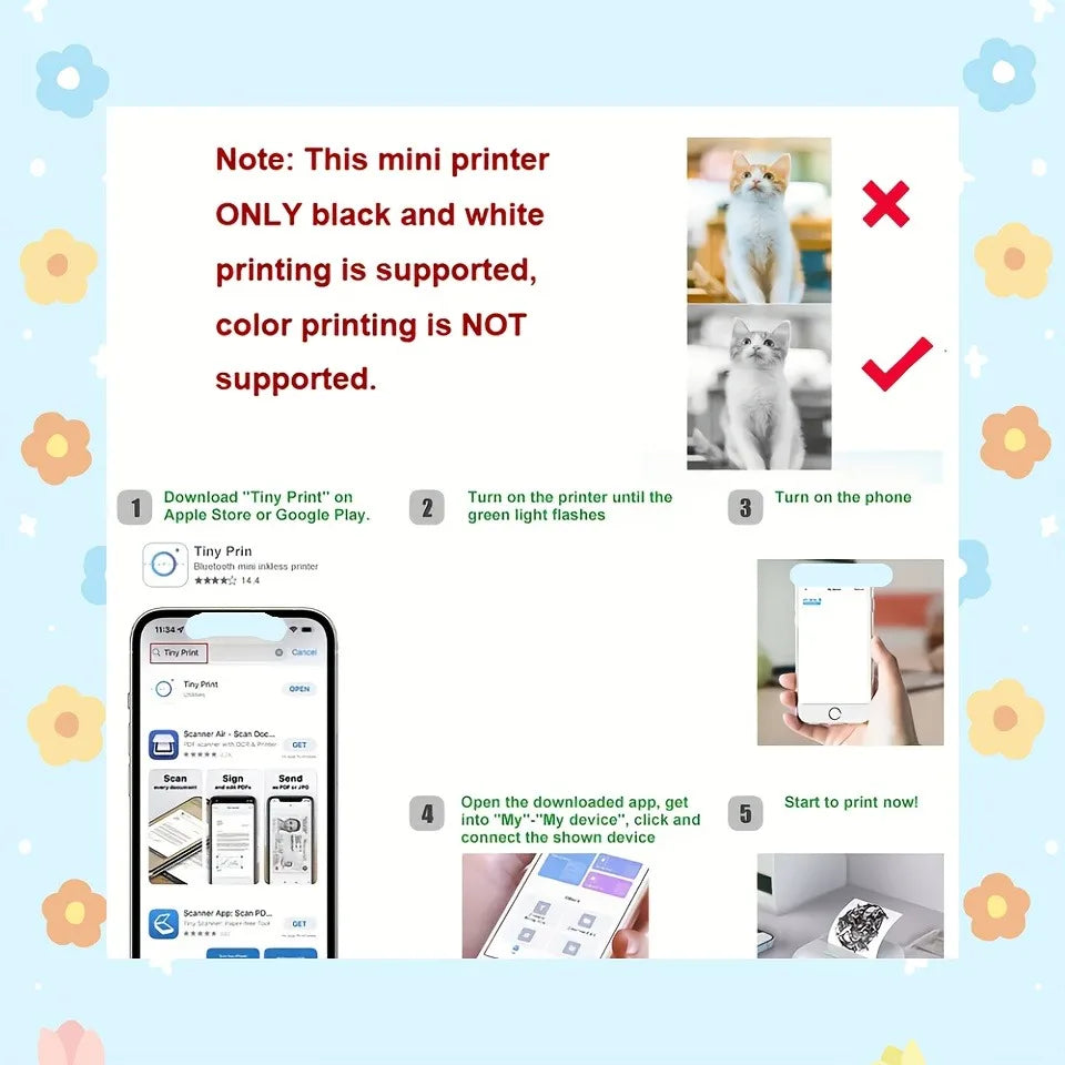 Mini Portable Printer, HD Inkless Label Printing, 203dpi High Resolution for Photos, Text, Labels, To-Do Lists, Sticky Notes