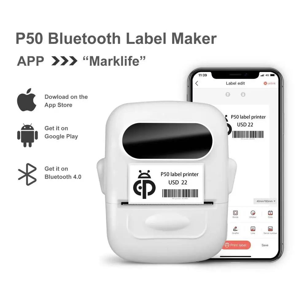 Mini Thermal Label Printer P50 12-57mm Portable Tag Printer Inkless Wireless Labeling Machine Pocket Adheisve Sticker Printer